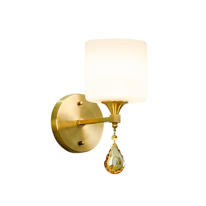 Nordic Style Cylinder Wall Lamp Frosted Glass 1/2-Light Sconce Light with Amber Crystal Drop in Brass Clearhalo 'Cast Iron' 'Glass' 'Industrial' 'Modern wall lights' 'Modern' 'Tiffany' 'Traditional wall lights' 'Wall Lamps & Sconces' 'Wall Lights' Lighting' 155539