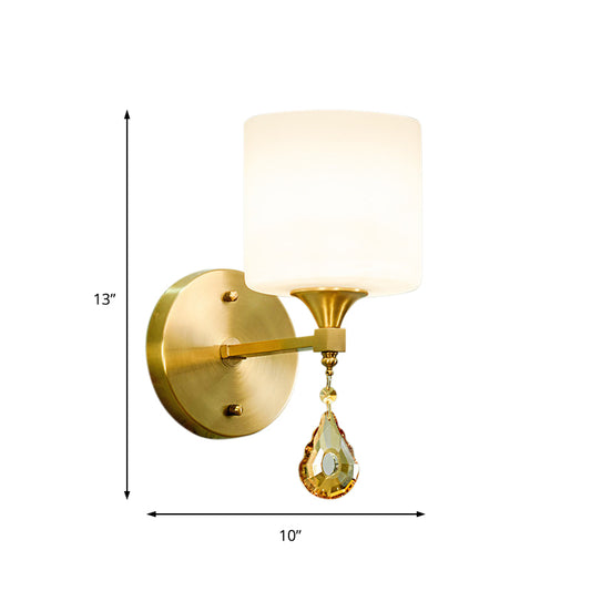 Nordic Style Cylinder Wall Lamp Frosted Glass 1/2-Light Sconce Light with Amber Crystal Drop in Brass Clearhalo 'Cast Iron' 'Glass' 'Industrial' 'Modern wall lights' 'Modern' 'Tiffany' 'Traditional wall lights' 'Wall Lamps & Sconces' 'Wall Lights' Lighting' 155540