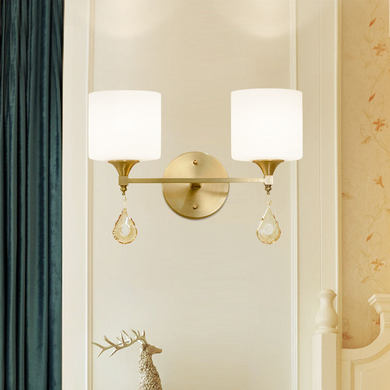 Nordic Style Cylinder Wall Lamp Frosted Glass 1/2-Light Sconce Light with Amber Crystal Drop in Brass