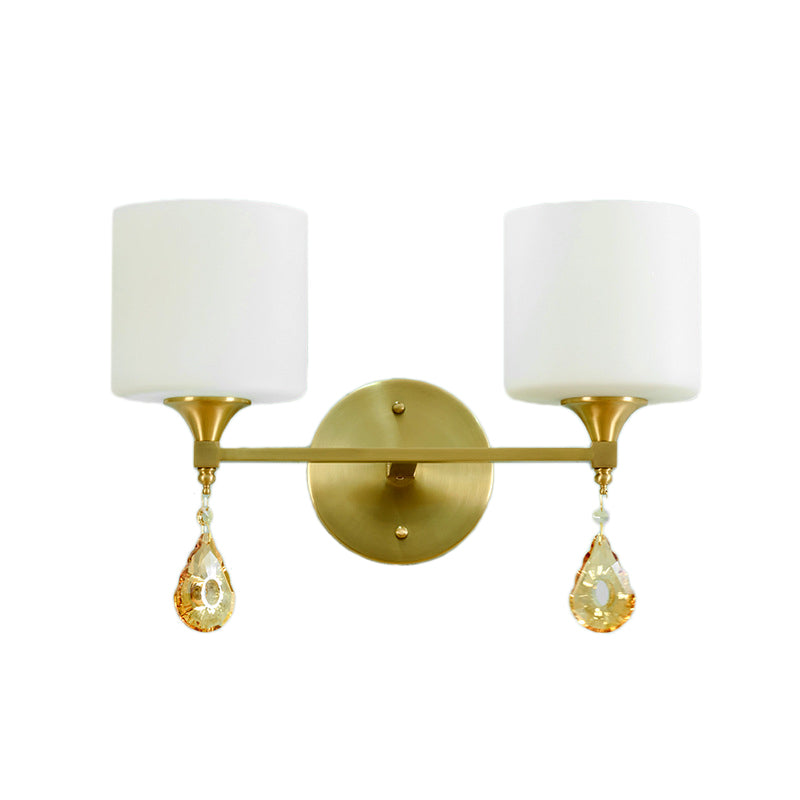 Nordic Style Cylinder Wall Lamp Frosted Glass 1/2-Light Sconce Light with Amber Crystal Drop in Brass Clearhalo 'Cast Iron' 'Glass' 'Industrial' 'Modern wall lights' 'Modern' 'Tiffany' 'Traditional wall lights' 'Wall Lamps & Sconces' 'Wall Lights' Lighting' 155543