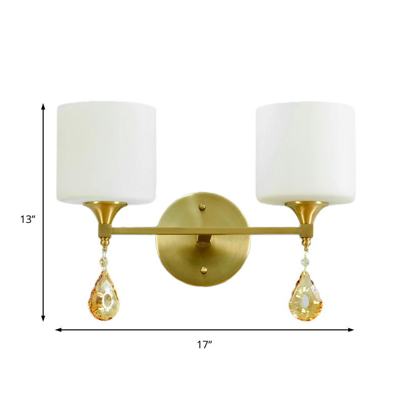 Nordic Style Cylinder Wall Lamp Frosted Glass 1/2-Light Sconce Light with Amber Crystal Drop in Brass Clearhalo 'Cast Iron' 'Glass' 'Industrial' 'Modern wall lights' 'Modern' 'Tiffany' 'Traditional wall lights' 'Wall Lamps & Sconces' 'Wall Lights' Lighting' 155544