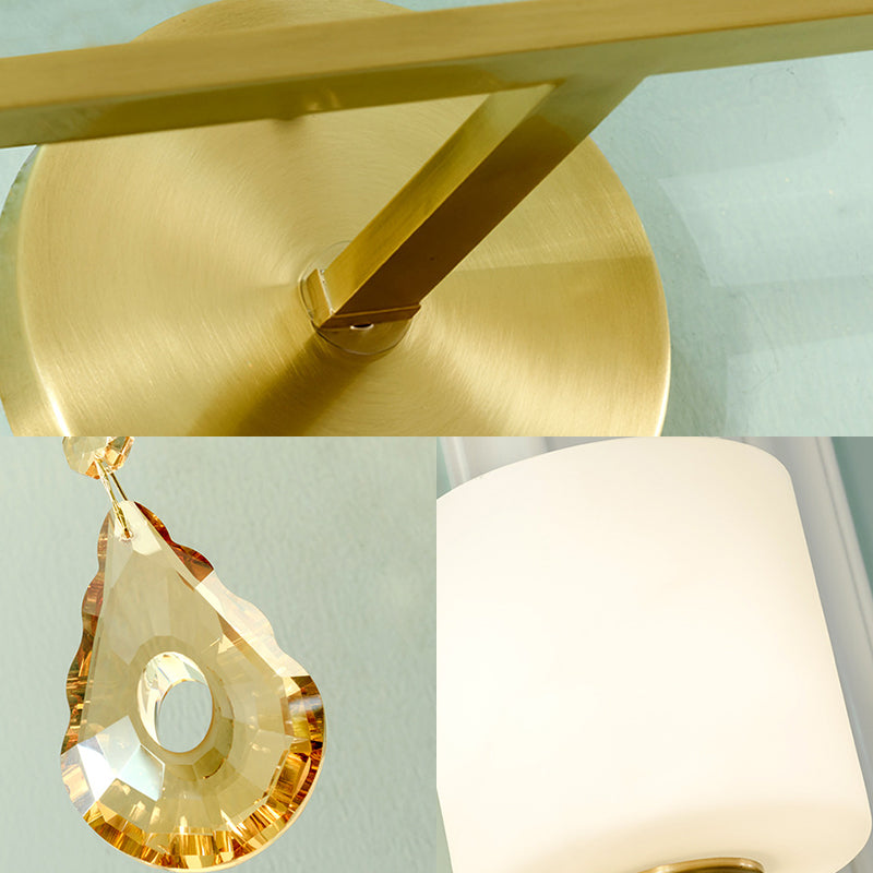 Nordic Style Cylinder Wall Lamp Frosted Glass 1/2-Light Sconce Light with Amber Crystal Drop in Brass Clearhalo 'Cast Iron' 'Glass' 'Industrial' 'Modern wall lights' 'Modern' 'Tiffany' 'Traditional wall lights' 'Wall Lamps & Sconces' 'Wall Lights' Lighting' 155545