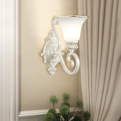 Milk Glass Petal Sconce Light Vintage 1/2-Head Wall Mounted Light with Clear Crystal Accent in White for Bedroom 1.0 White Clearhalo 'Cast Iron' 'Glass' 'Industrial' 'Modern wall lights' 'Modern' 'Tiffany' 'Traditional wall lights' 'Wall Lamps & Sconces' 'Wall Lights' Lighting' 155564