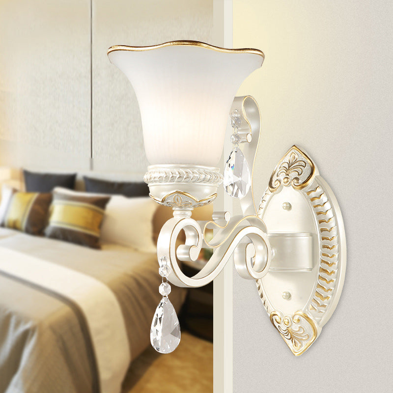 Milk Glass Petal Sconce Light Vintage 1/2-Head Wall Mounted Light with Clear Crystal Accent in White for Bedroom - Clearhalo - 'Cast Iron' - 'Glass' - 'Industrial' - 'Modern wall lights' - 'Modern' - 'Tiffany' - 'Traditional wall lights' - 'Wall Lamps & Sconces' - 'Wall Lights' - Lighting' - 155565