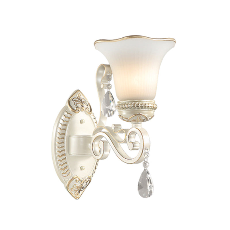 Milk Glass Petal Sconce Light Vintage 1/2-Head Wall Mounted Light with Clear Crystal Accent in White for Bedroom - Clearhalo - 'Cast Iron' - 'Glass' - 'Industrial' - 'Modern wall lights' - 'Modern' - 'Tiffany' - 'Traditional wall lights' - 'Wall Lamps & Sconces' - 'Wall Lights' - Lighting' - 155566