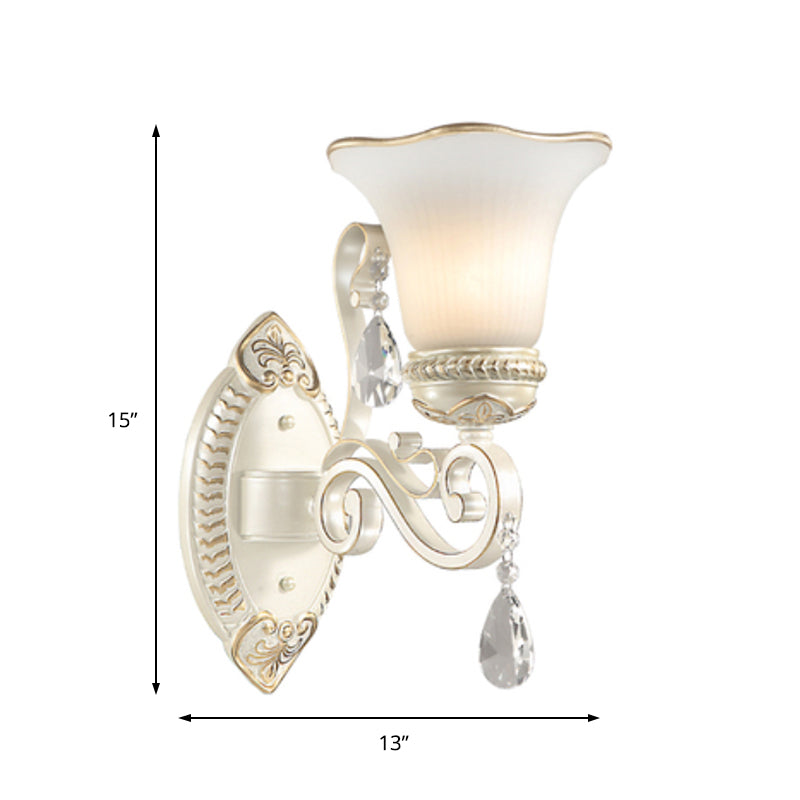 Milk Glass Petal Sconce Light Vintage 1/2-Head Wall Mounted Light with Clear Crystal Accent in White for Bedroom - Clearhalo - 'Cast Iron' - 'Glass' - 'Industrial' - 'Modern wall lights' - 'Modern' - 'Tiffany' - 'Traditional wall lights' - 'Wall Lamps & Sconces' - 'Wall Lights' - Lighting' - 155567