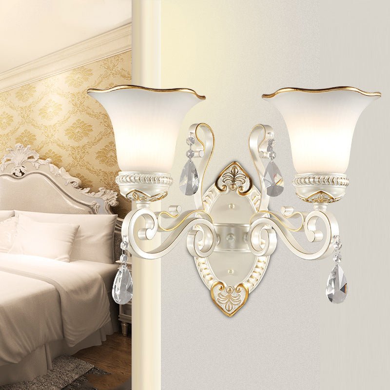 Milk Glass Petal Sconce Light Vintage 1/2-Head Wall Mounted Light with Clear Crystal Accent in White for Bedroom - 2.0 - White - Clearhalo - 'Cast Iron' - 'Glass' - 'Industrial' - 'Modern wall lights' - 'Modern' - 'Tiffany' - 'Traditional wall lights' - 'Wall Lamps & Sconces' - 'Wall Lights' - Lighting' - 155569