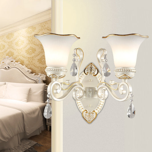 Milk Glass Petal Sconce Light Vintage 1/2-Head Wall Mounted Light with Clear Crystal Accent in White for Bedroom 2.0 White Clearhalo 'Cast Iron' 'Glass' 'Industrial' 'Modern wall lights' 'Modern' 'Tiffany' 'Traditional wall lights' 'Wall Lamps & Sconces' 'Wall Lights' Lighting' 155569