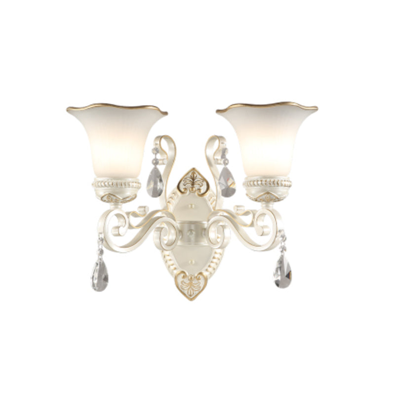 Milk Glass Petal Sconce Light Vintage 1/2-Head Wall Mounted Light with Clear Crystal Accent in White for Bedroom - Clearhalo - 'Cast Iron' - 'Glass' - 'Industrial' - 'Modern wall lights' - 'Modern' - 'Tiffany' - 'Traditional wall lights' - 'Wall Lamps & Sconces' - 'Wall Lights' - Lighting' - 155571