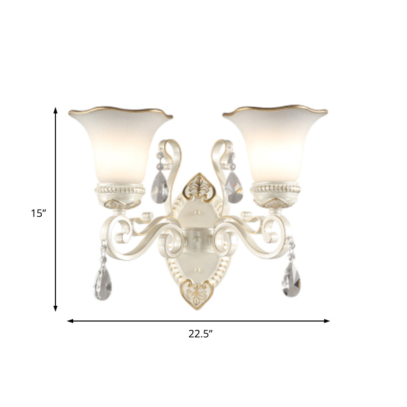 Milk Glass Petal Sconce Light Vintage 1/2-Head Wall Mounted Light with Clear Crystal Accent in White for Bedroom - Clearhalo - 'Cast Iron' - 'Glass' - 'Industrial' - 'Modern wall lights' - 'Modern' - 'Tiffany' - 'Traditional wall lights' - 'Wall Lamps & Sconces' - 'Wall Lights' - Lighting' - 155572