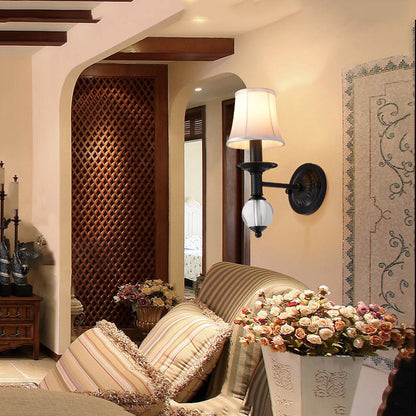 White Fabric Bell Wall Sconce Contemporary 1 Light Wall Lamp with Crystal Ball and Straight Arm in Black Black Clearhalo 'Cast Iron' 'Glass' 'Industrial' 'Modern wall lights' 'Modern' 'Tiffany' 'Traditional wall lights' 'Wall Lamps & Sconces' 'Wall Lights' Lighting' 155590