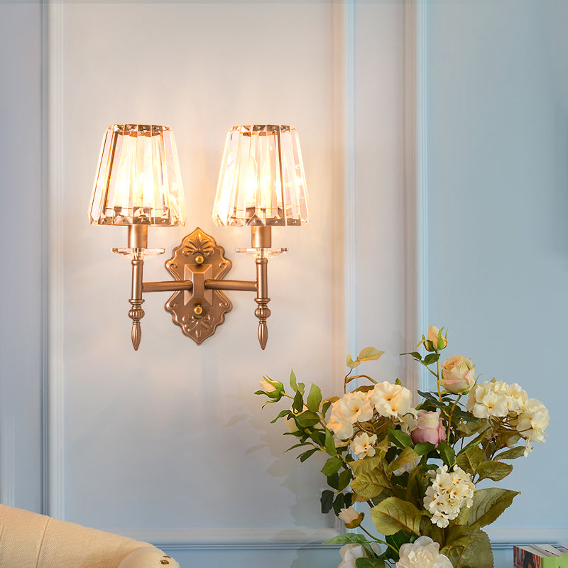 Faceted Crystal Wall Light Fixture with Cone Shade Modernist 1/2-Light Wall Sconce in Copper for Bedroom Clearhalo 'Cast Iron' 'Glass' 'Industrial' 'Modern wall lights' 'Modern' 'Tiffany' 'Traditional wall lights' 'Wall Lamps & Sconces' 'Wall Lights' Lighting' 155606