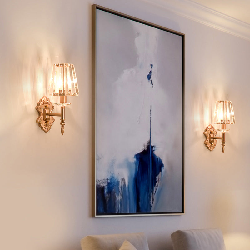 Faceted Crystal Wall Light Fixture with Cone Shade Modernist 1/2-Light Wall Sconce in Copper for Bedroom Clearhalo 'Cast Iron' 'Glass' 'Industrial' 'Modern wall lights' 'Modern' 'Tiffany' 'Traditional wall lights' 'Wall Lamps & Sconces' 'Wall Lights' Lighting' 155610