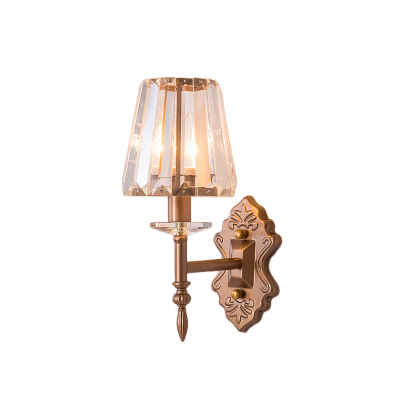 Faceted Crystal Wall Light Fixture with Cone Shade Modernist 1/2-Light Wall Sconce in Copper for Bedroom Clearhalo 'Cast Iron' 'Glass' 'Industrial' 'Modern wall lights' 'Modern' 'Tiffany' 'Traditional wall lights' 'Wall Lamps & Sconces' 'Wall Lights' Lighting' 155611
