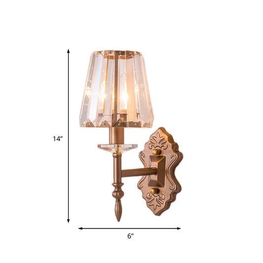 Faceted Crystal Wall Light Fixture with Cone Shade Modernist 1/2-Light Wall Sconce in Copper for Bedroom Clearhalo 'Cast Iron' 'Glass' 'Industrial' 'Modern wall lights' 'Modern' 'Tiffany' 'Traditional wall lights' 'Wall Lamps & Sconces' 'Wall Lights' Lighting' 155612