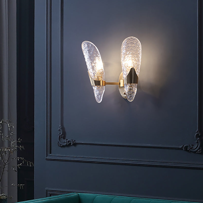 1/2-Bulbs Exposed Wall Lighting Contemporary Textured Glass Sconce Light in Brass for Dining Room 2.0 Brass Clearhalo 'Modern wall lights' 'Modern' 'Wall Lamps & Sconces' 'Wall Lights' Lighting' 155633