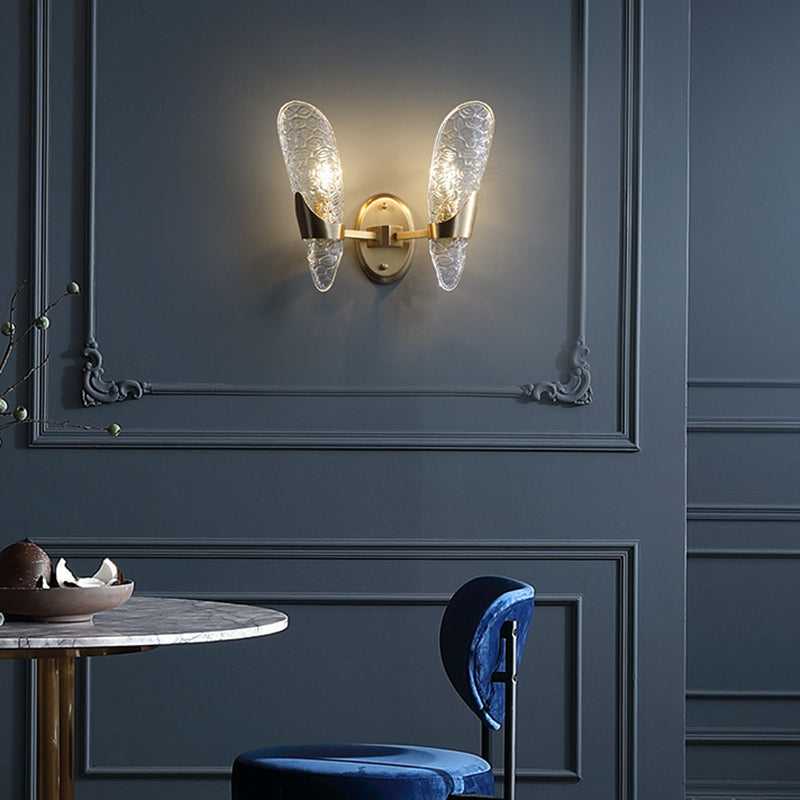 1/2-Bulbs Exposed Wall Lighting Contemporary Textured Glass Sconce Light in Brass for Dining Room Clearhalo 'Modern wall lights' 'Modern' 'Wall Lamps & Sconces' 'Wall Lights' Lighting' 155634