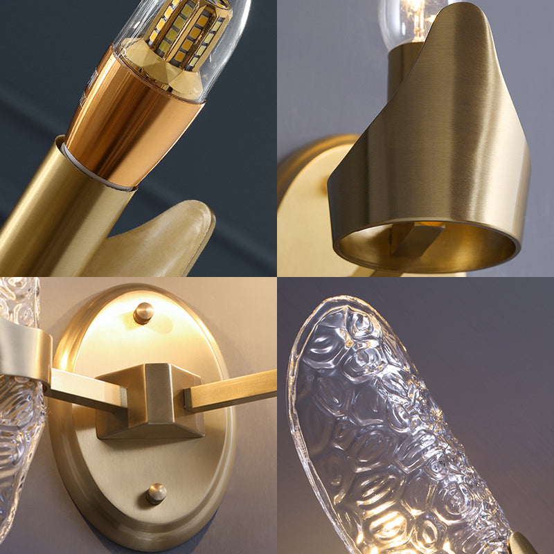 1/2-Bulbs Exposed Wall Lighting Contemporary Textured Glass Sconce Light in Brass for Dining Room Clearhalo 'Modern wall lights' 'Modern' 'Wall Lamps & Sconces' 'Wall Lights' Lighting' 155637