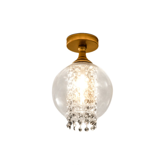 1 Bulb Globe/Cylinder Semi Flush Light Modern Glass and Metal Ceiling Light with Crystal Bead Accent in Brass Finish Clearhalo 'Ceiling Lights' 'Close To Ceiling Lights' 'Close to ceiling' 'Semi-flushmount' Lighting' 155640
