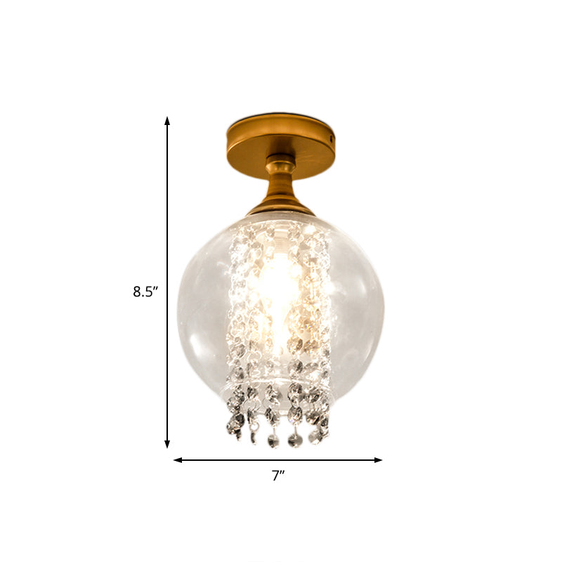 1 Bulb Globe/Cylinder Semi Flush Light Modern Glass and Metal Ceiling Light with Crystal Bead Accent in Brass Finish Clearhalo 'Ceiling Lights' 'Close To Ceiling Lights' 'Close to ceiling' 'Semi-flushmount' Lighting' 155641