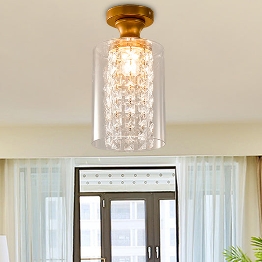 1 Bulb Globe/Cylinder Semi Flush Light Modern Glass and Metal Ceiling Light with Crystal Bead Accent in Brass Finish Brass Cylinder Clearhalo 'Ceiling Lights' 'Close To Ceiling Lights' 'Close to ceiling' 'Semi-flushmount' Lighting' 155642