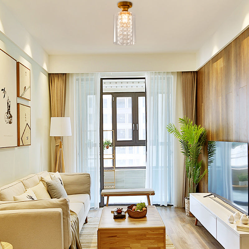 1 Bulb Globe/Cylinder Semi Flush Light Modern Glass and Metal Ceiling Light with Crystal Bead Accent in Brass Finish Clearhalo 'Ceiling Lights' 'Close To Ceiling Lights' 'Close to ceiling' 'Semi-flushmount' Lighting' 155643