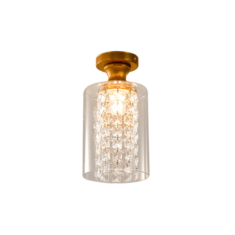 1 Bulb Globe/Cylinder Semi Flush Light Modern Glass and Metal Ceiling Light with Crystal Bead Accent in Brass Finish Clearhalo 'Ceiling Lights' 'Close To Ceiling Lights' 'Close to ceiling' 'Semi-flushmount' Lighting' 155644