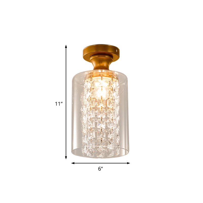 1 Bulb Globe/Cylinder Semi Flush Light Modern Glass and Metal Ceiling Light with Crystal Bead Accent in Brass Finish Clearhalo 'Ceiling Lights' 'Close To Ceiling Lights' 'Close to ceiling' 'Semi-flushmount' Lighting' 155645