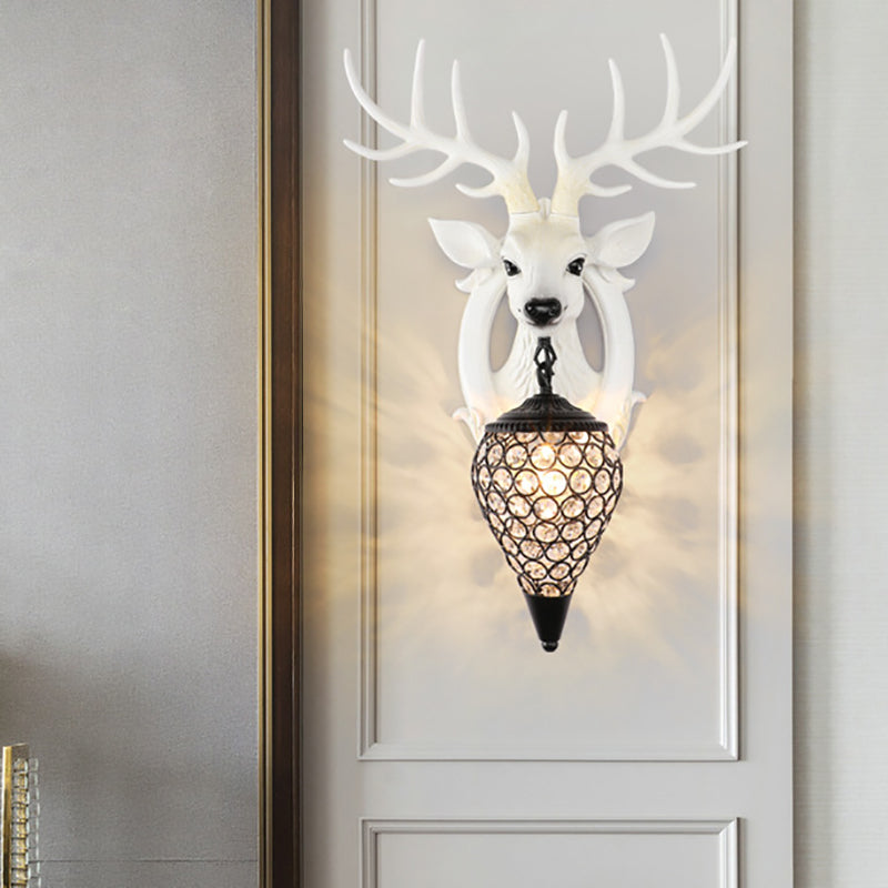 Brown/White Elk Wall Light Lodge Style Resin 1 Light Wall Mounted Light with Crystal Lantern Shade for Bedroom Clearhalo 'Wall Lamps & Sconces' 'Wall Lights' Lighting' 155647