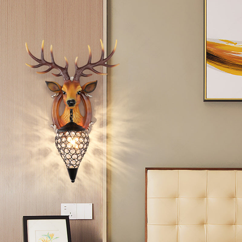 Brown/White Elk Wall Light Lodge Style Resin 1 Light Wall Mounted Light with Crystal Lantern Shade for Bedroom Brown Clearhalo 'Wall Lamps & Sconces' 'Wall Lights' Lighting' 155651