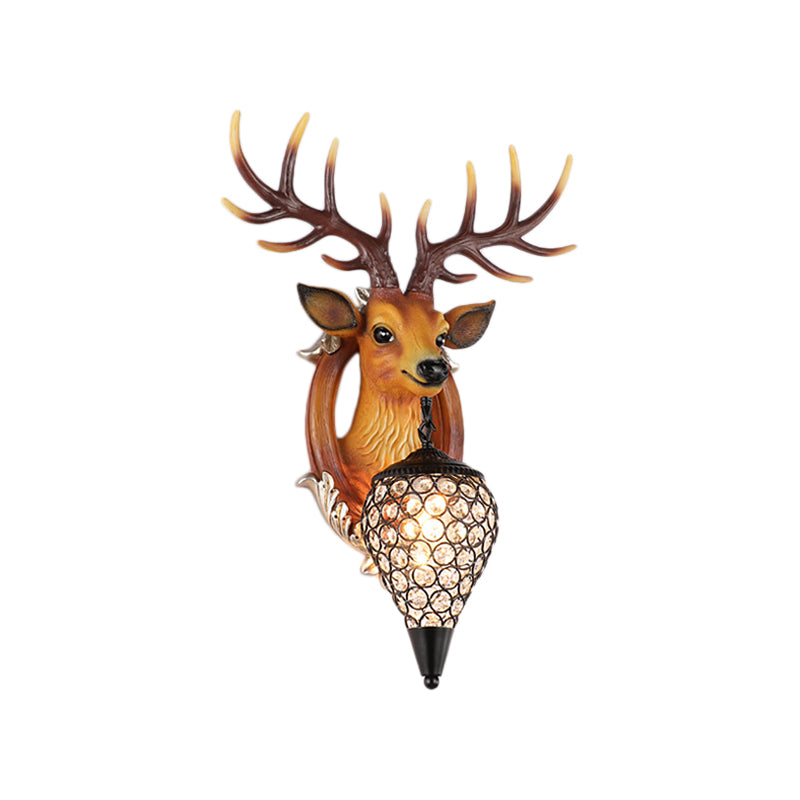 Brown/White Elk Wall Light Lodge Style Resin 1 Light Wall Mounted Light with Crystal Lantern Shade for Bedroom Clearhalo 'Wall Lamps & Sconces' 'Wall Lights' Lighting' 155653
