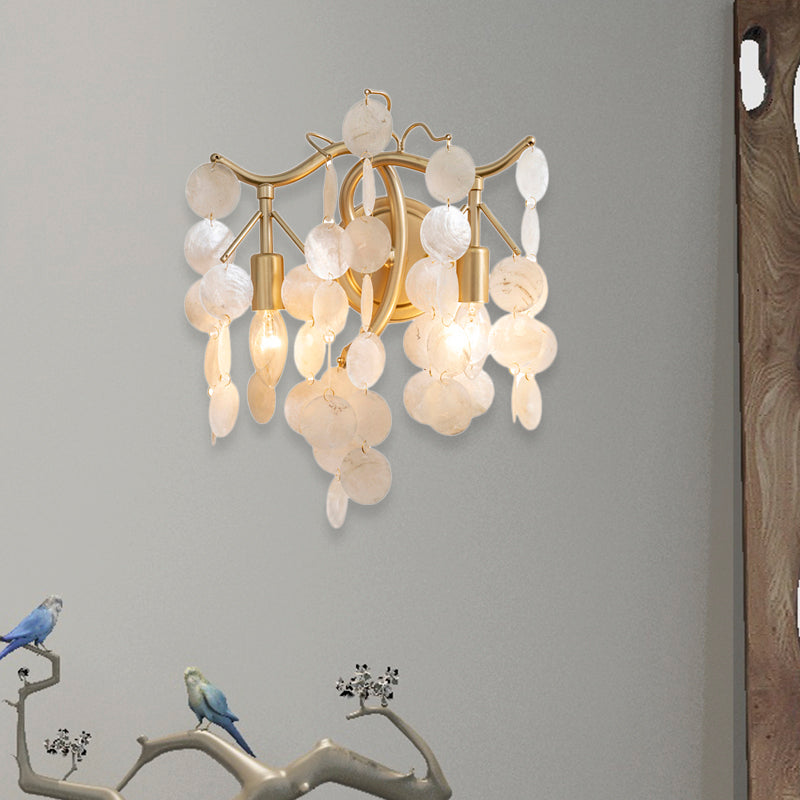 2 Lights Exposed Bulb Wall Sconce Light Contemporary Shell Wall Lighting in Gold for Living Room Clearhalo 'Cast Iron' 'Glass' 'Industrial' 'Modern wall lights' 'Modern' 'Tiffany' 'Traditional wall lights' 'Wall Lamps & Sconces' 'Wall Lights' Lighting' 155682