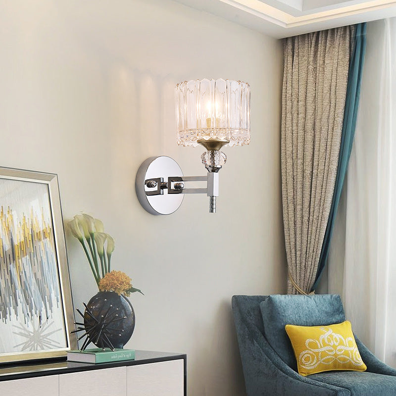 1 Bulb Cylindrical Wall Lamp Modernist Style Clear Glass Wall Light Sconce with Crystal Deco in Chrome Finish Clearhalo 'Modern wall lights' 'Modern' 'Wall Lamps & Sconces' 'Wall Lights' Lighting' 155695