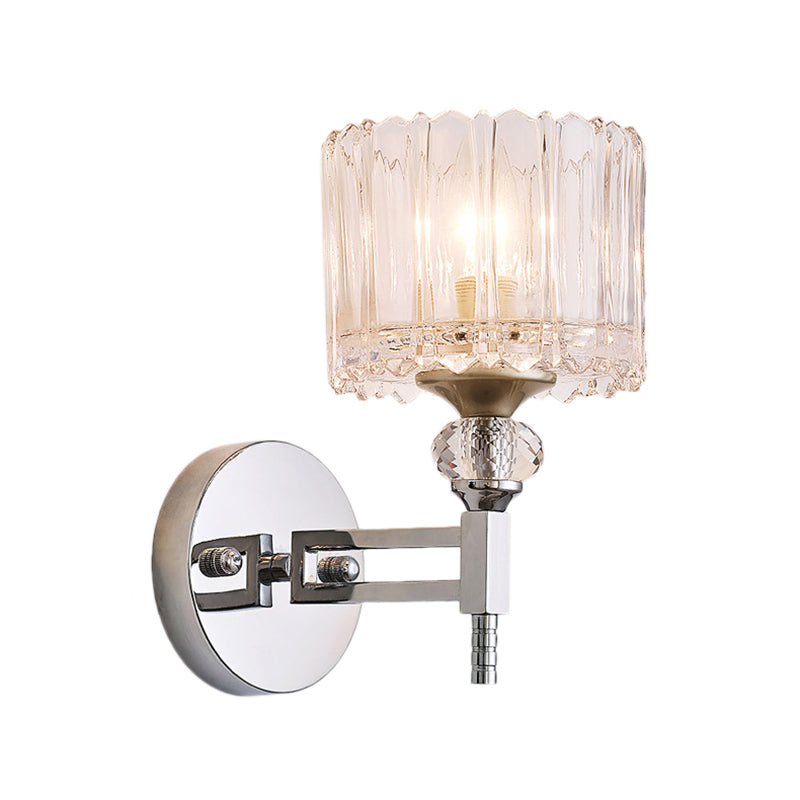 1 Bulb Cylindrical Wall Lamp Modernist Style Clear Glass Wall Light Sconce with Crystal Deco in Chrome Finish Clearhalo 'Modern wall lights' 'Modern' 'Wall Lamps & Sconces' 'Wall Lights' Lighting' 155696