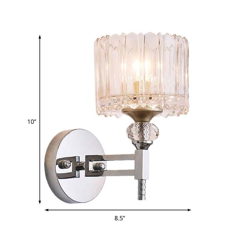 1 Bulb Cylindrical Wall Lamp Modernist Style Clear Glass Wall Light Sconce with Crystal Deco in Chrome Finish Clearhalo 'Modern wall lights' 'Modern' 'Wall Lamps & Sconces' 'Wall Lights' Lighting' 155697