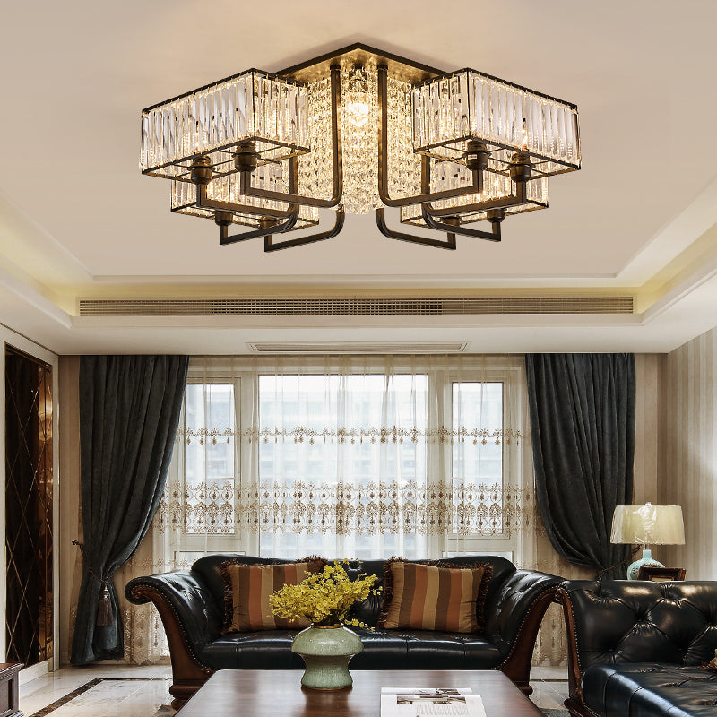 5/9/13 Lights Cubic Semi Flush Light Modern Metal and Clear Crystal Ceiling Mounted Fixture in Black 13 Black Clearhalo 'Ceiling Lights' 'Close To Ceiling Lights' 'Close to ceiling' 'Flush mount' Lighting' 155704