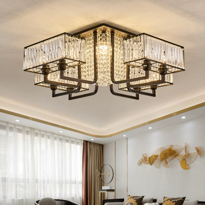 5/9/13 Lights Cubic Semi Flush Light Modern Metal and Clear Crystal Ceiling Mounted Fixture in Black Clearhalo 'Ceiling Lights' 'Close To Ceiling Lights' 'Close to ceiling' 'Flush mount' Lighting' 155705