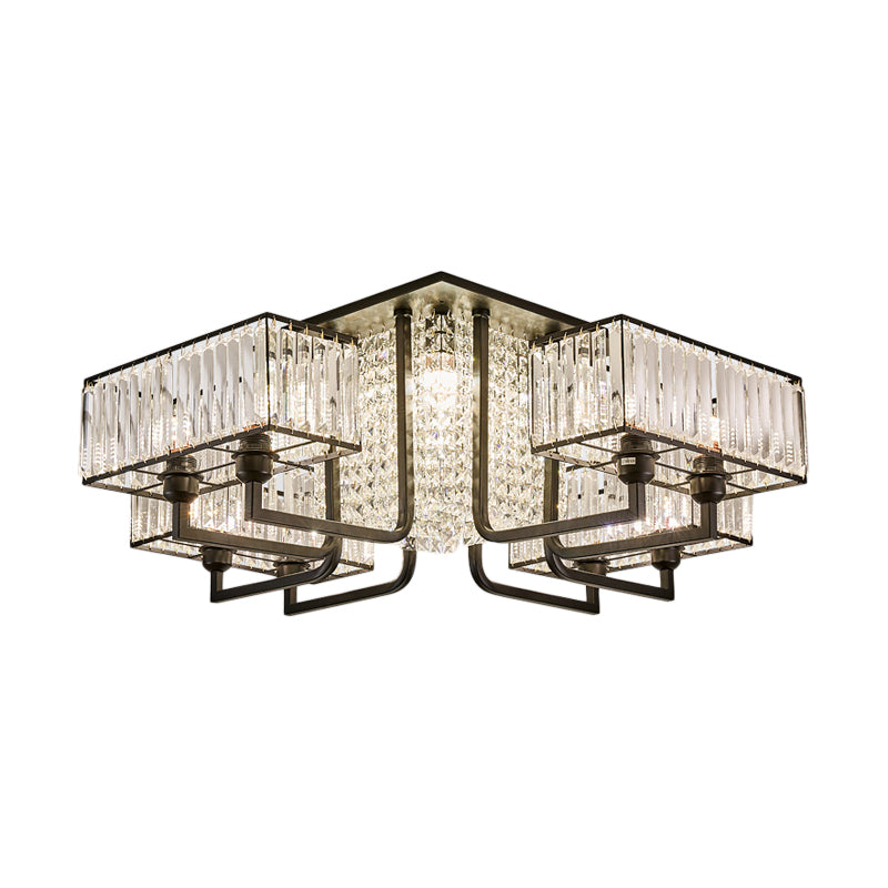5/9/13 Lights Cubic Semi Flush Light Modern Metal and Clear Crystal Ceiling Mounted Fixture in Black Clearhalo 'Ceiling Lights' 'Close To Ceiling Lights' 'Close to ceiling' 'Flush mount' Lighting' 155706