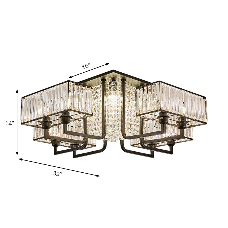 5/9/13 Lights Cubic Semi Flush Light Modern Metal and Clear Crystal Ceiling Mounted Fixture in Black Clearhalo 'Ceiling Lights' 'Close To Ceiling Lights' 'Close to ceiling' 'Flush mount' Lighting' 155707