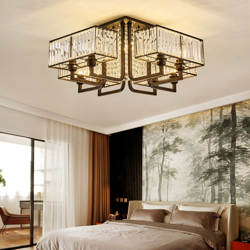 5/9/13 Lights Cubic Semi Flush Light Modern Metal and Clear Crystal Ceiling Mounted Fixture in Black Clearhalo 'Ceiling Lights' 'Close To Ceiling Lights' 'Close to ceiling' 'Flush mount' Lighting' 155709