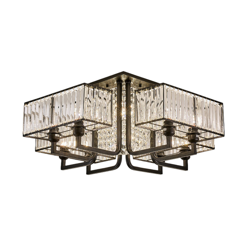 5/9/13 Lights Cubic Semi Flush Light Modern Metal and Clear Crystal Ceiling Mounted Fixture in Black Clearhalo 'Ceiling Lights' 'Close To Ceiling Lights' 'Close to ceiling' 'Flush mount' Lighting' 155710