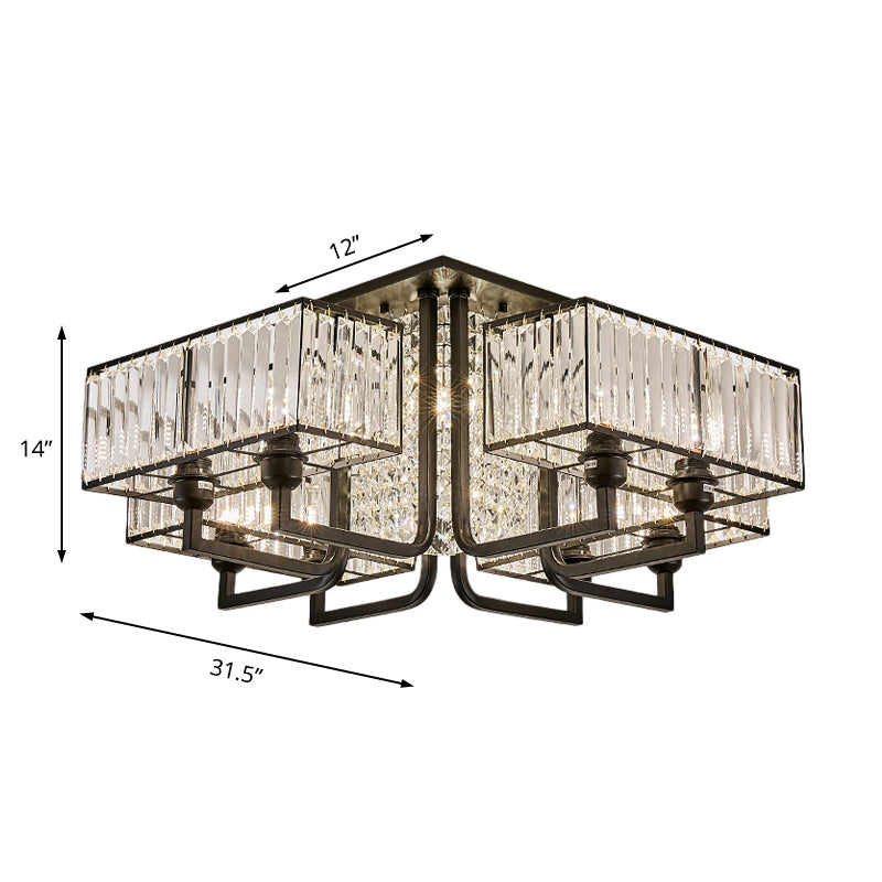 5/9/13 Lights Cubic Semi Flush Light Modern Metal and Clear Crystal Ceiling Mounted Fixture in Black Clearhalo 'Ceiling Lights' 'Close To Ceiling Lights' 'Close to ceiling' 'Flush mount' Lighting' 155711