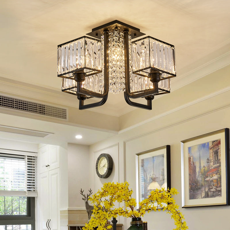 5/9/13 Lights Cubic Semi Flush Light Modern Metal and Clear Crystal Ceiling Mounted Fixture in Black Clearhalo 'Ceiling Lights' 'Close To Ceiling Lights' 'Close to ceiling' 'Flush mount' Lighting' 155713