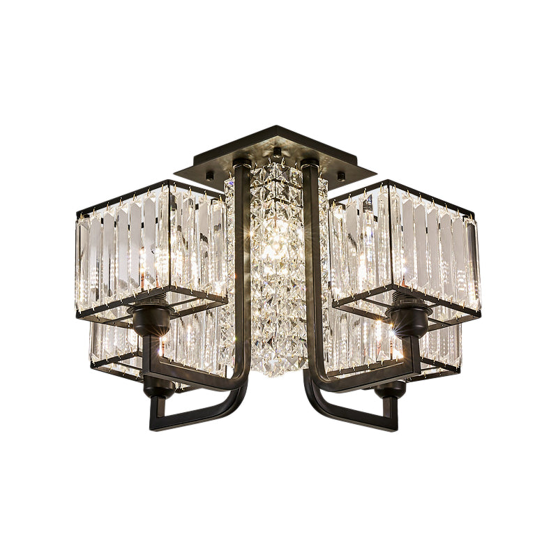 5/9/13 Lights Cubic Semi Flush Light Modern Metal and Clear Crystal Ceiling Mounted Fixture in Black Clearhalo 'Ceiling Lights' 'Close To Ceiling Lights' 'Close to ceiling' 'Flush mount' Lighting' 155714