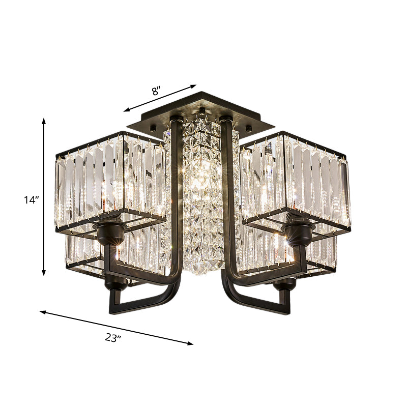 5/9/13 Lights Cubic Semi Flush Light Modern Metal and Clear Crystal Ceiling Mounted Fixture in Black Clearhalo 'Ceiling Lights' 'Close To Ceiling Lights' 'Close to ceiling' 'Flush mount' Lighting' 155715