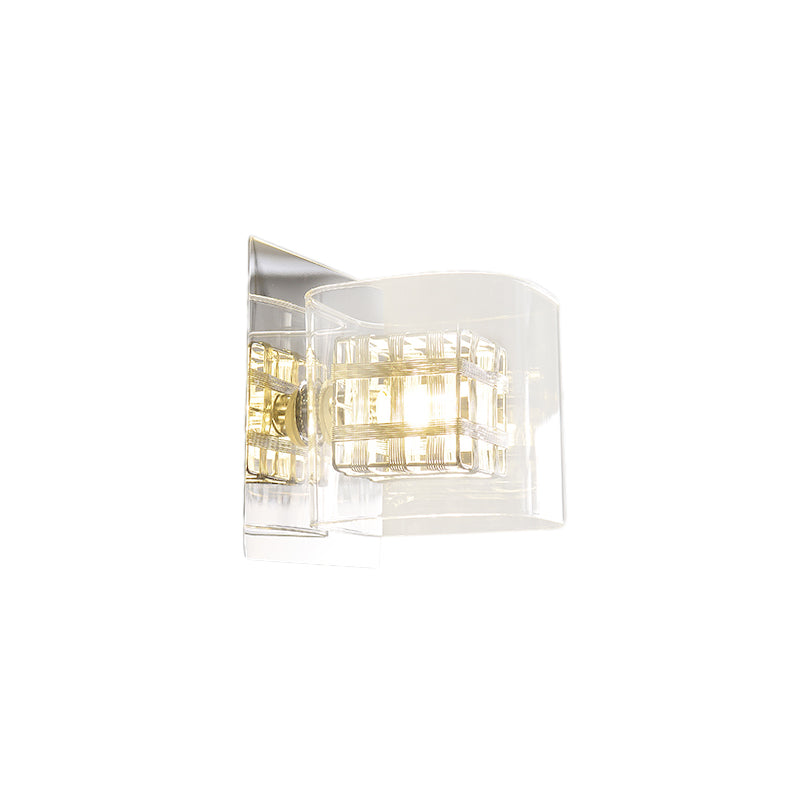 Clear Glass Squared Wall Sconce Contemporary 1 Light Wall Lamp with Inner Wire Shade in Chrome for Corridor - Clearhalo - 'Modern wall lights' - 'Modern' - 'Wall Lamps & Sconces' - 'Wall Lights' - Lighting' - 155739