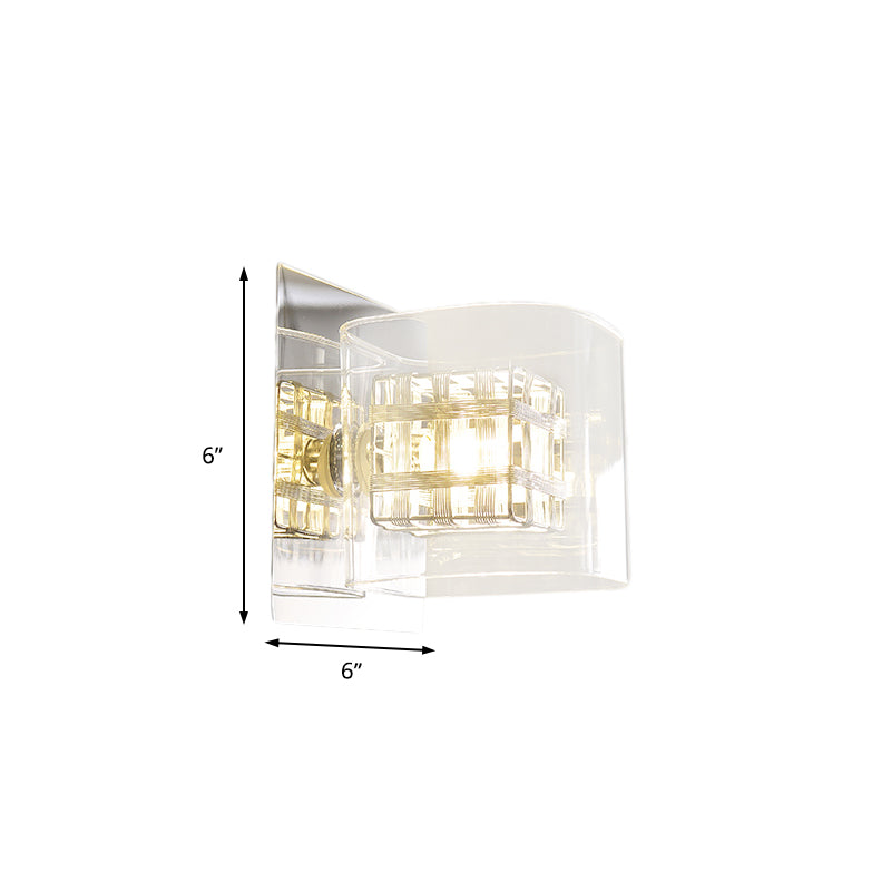 Clear Glass Squared Wall Sconce Contemporary 1 Light Wall Lamp with Inner Wire Shade in Chrome for Corridor - Clearhalo - 'Modern wall lights' - 'Modern' - 'Wall Lamps & Sconces' - 'Wall Lights' - Lighting' - 155740