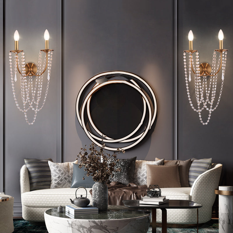Bare Bulb Wall Sconce French Country Metal 2 Lights Wall Light Fixture with Crystal Beaded Strand in Gold Gold Clearhalo 'Cast Iron' 'Glass' 'Industrial' 'Modern wall lights' 'Modern' 'Tiffany' 'Traditional wall lights' 'Wall Lamps & Sconces' 'Wall Lights' Lighting' 155753