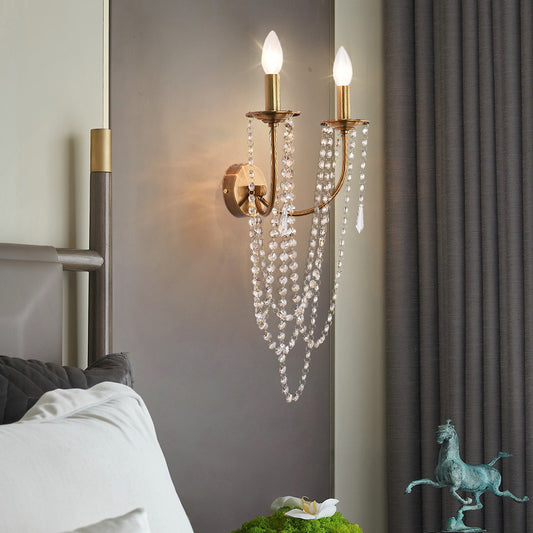 Bare Bulb Wall Sconce French Country Metal 2 Lights Wall Light Fixture with Crystal Beaded Strand in Gold Clearhalo 'Cast Iron' 'Glass' 'Industrial' 'Modern wall lights' 'Modern' 'Tiffany' 'Traditional wall lights' 'Wall Lamps & Sconces' 'Wall Lights' Lighting' 155754