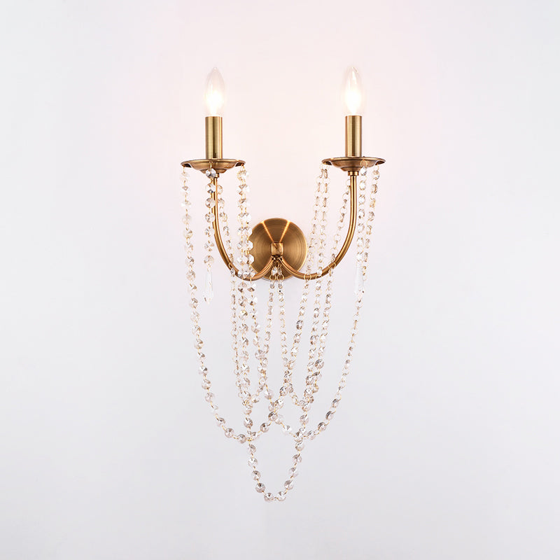 Bare Bulb Wall Sconce French Country Metal 2 Lights Wall Light Fixture with Crystal Beaded Strand in Gold Clearhalo 'Cast Iron' 'Glass' 'Industrial' 'Modern wall lights' 'Modern' 'Tiffany' 'Traditional wall lights' 'Wall Lamps & Sconces' 'Wall Lights' Lighting' 155755